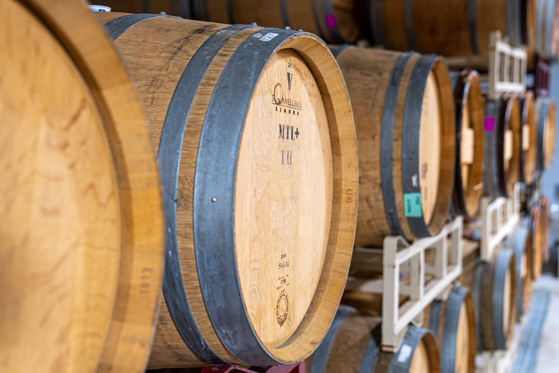 A row of wooden wine barrels in a North Carolina winery storage area, showcasing craftsmanship and tradition.