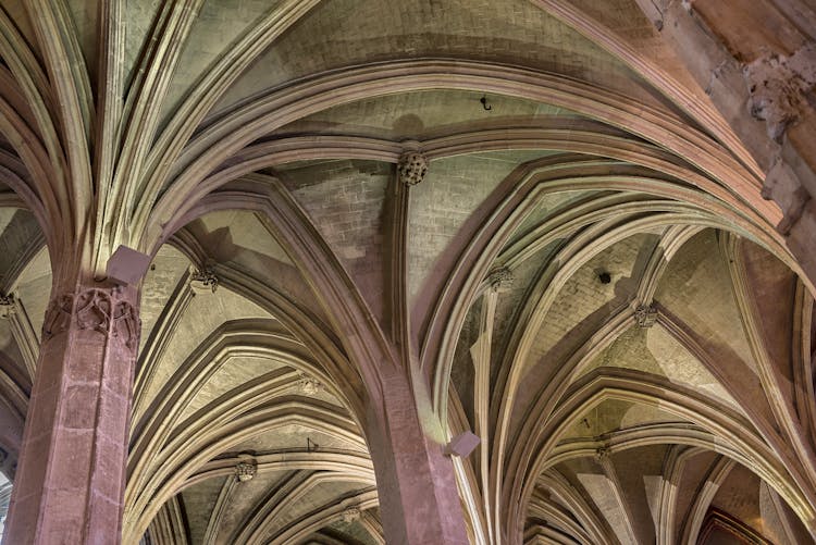 A Vaulted Ceiling With Purple Columns