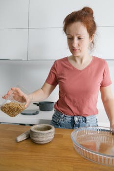 A woman pouring ingredients into a bowl while preparing homemade baklava in a modern kitchen.