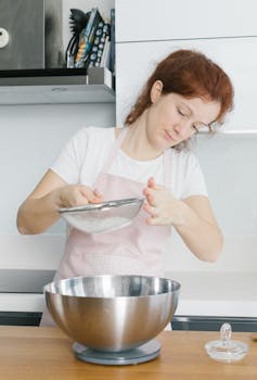 A woman sifting flour into a bowl while baking in a sleek, modern kitchen.