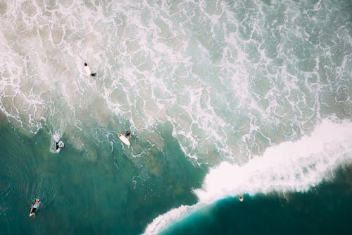 An Aerial Photography of People Surfing on the Sea