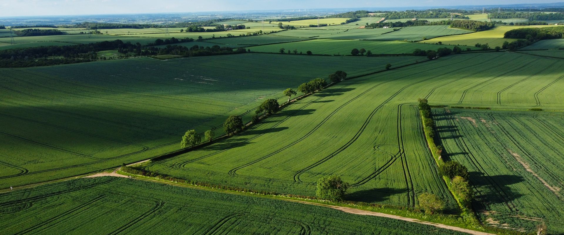 Aerial view of English countryside fields