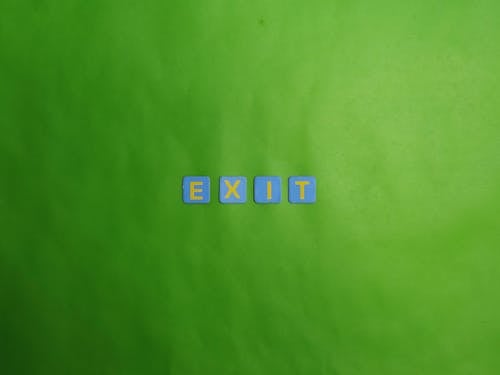 An Exit Sign Made of Blue Cubes on a Green Background