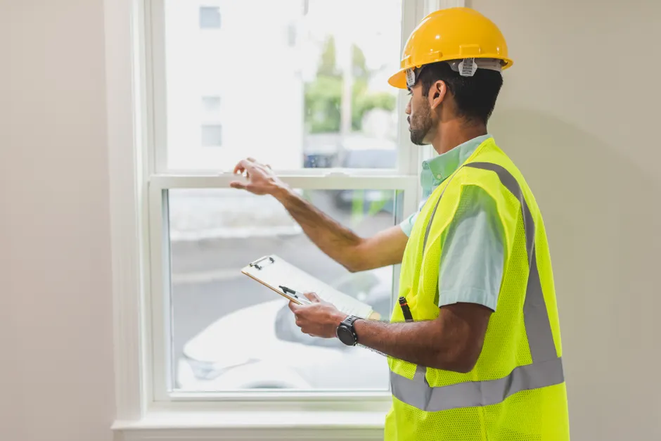 Un inspecteur examine une fenêtre lors d'un diagnostic technique de décence du logement.