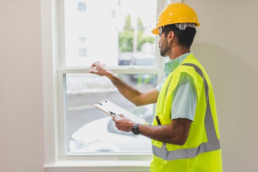 A construction worker in a safety vest and hard hat inspects a window indoors, holding a clipboard.