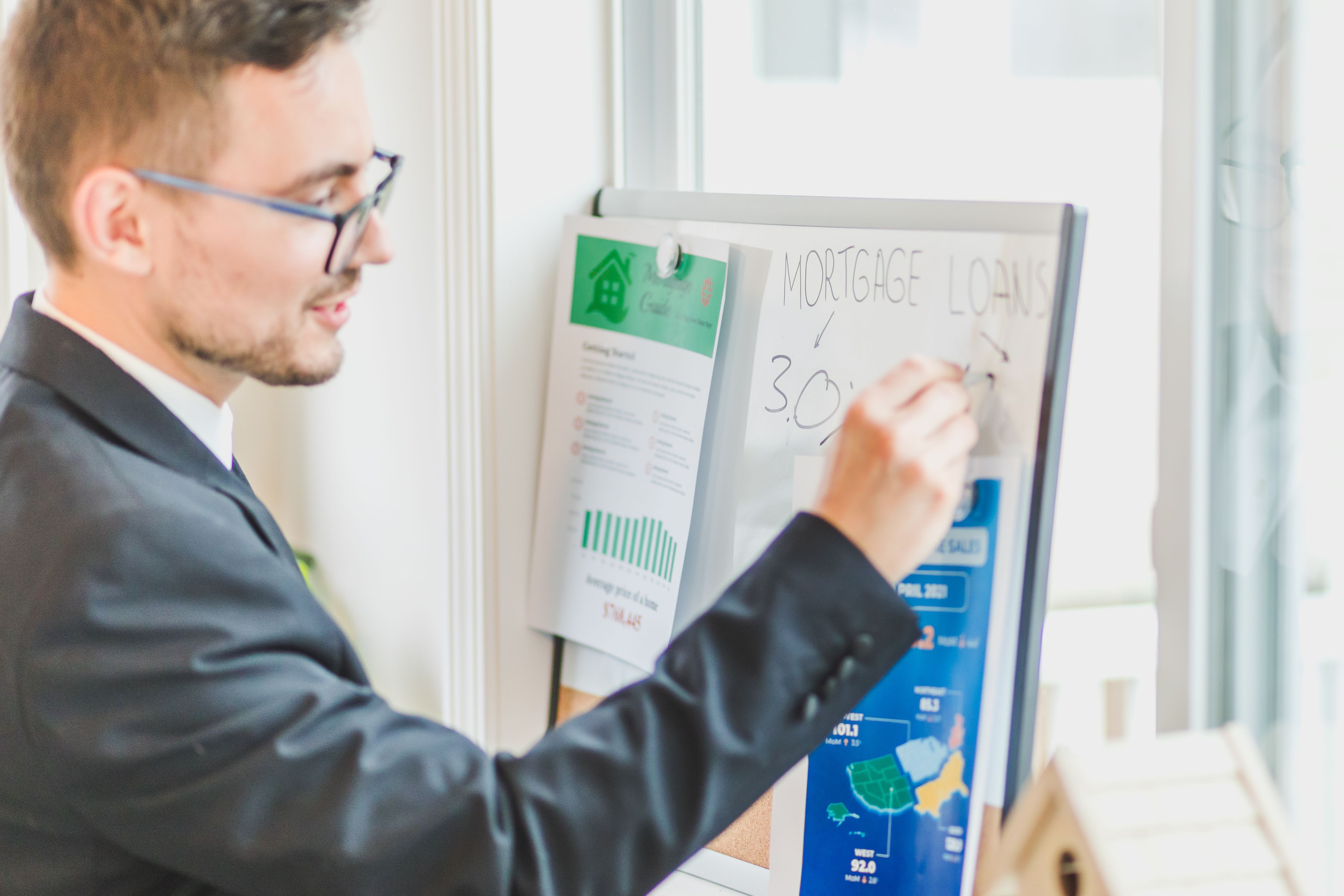 a person calculating a loan percentage on a whiteboard