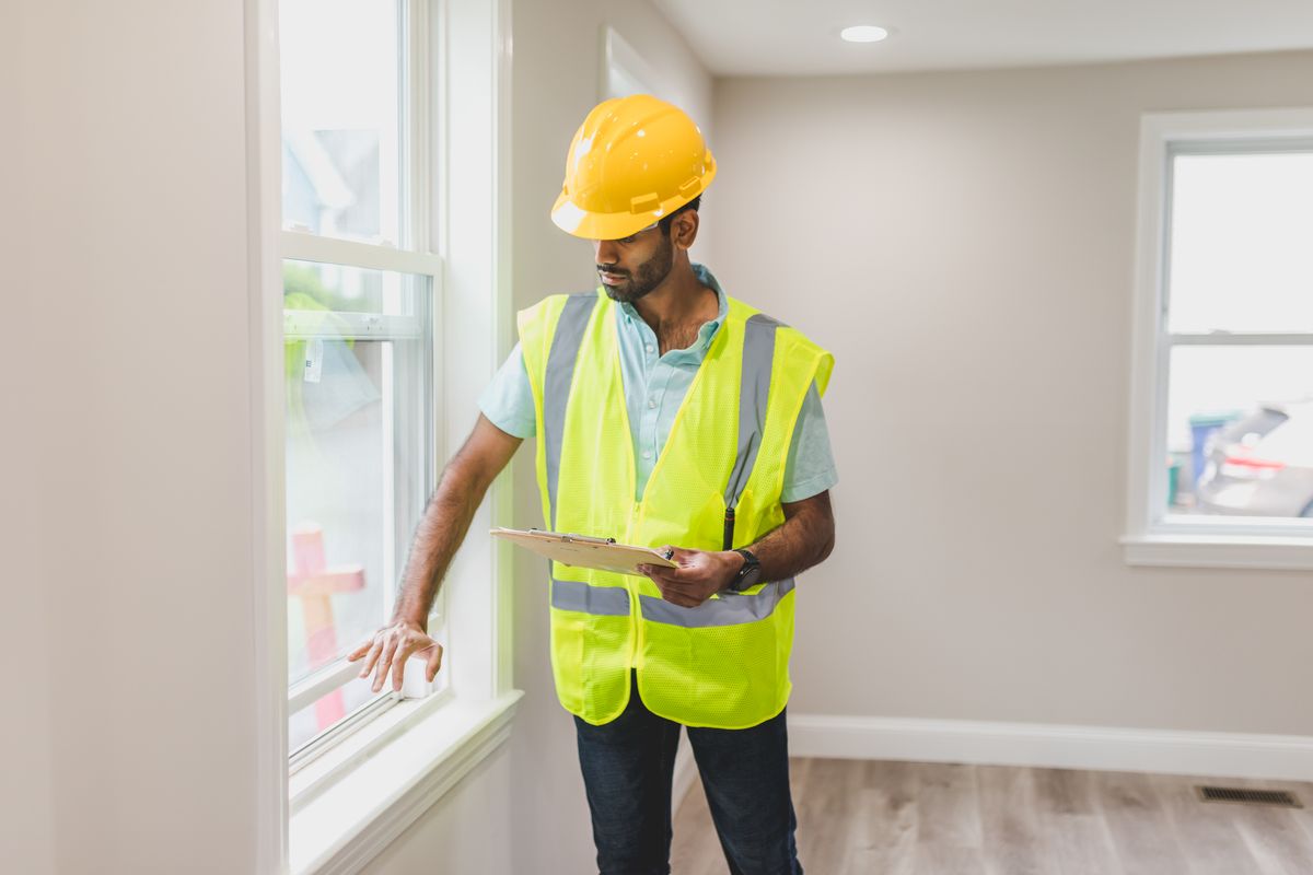 Home energy assessor inspecting a property window