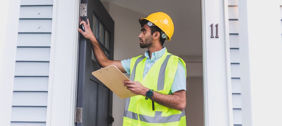 An inspector checking a door frame in a house — the first place a termite inspection looks