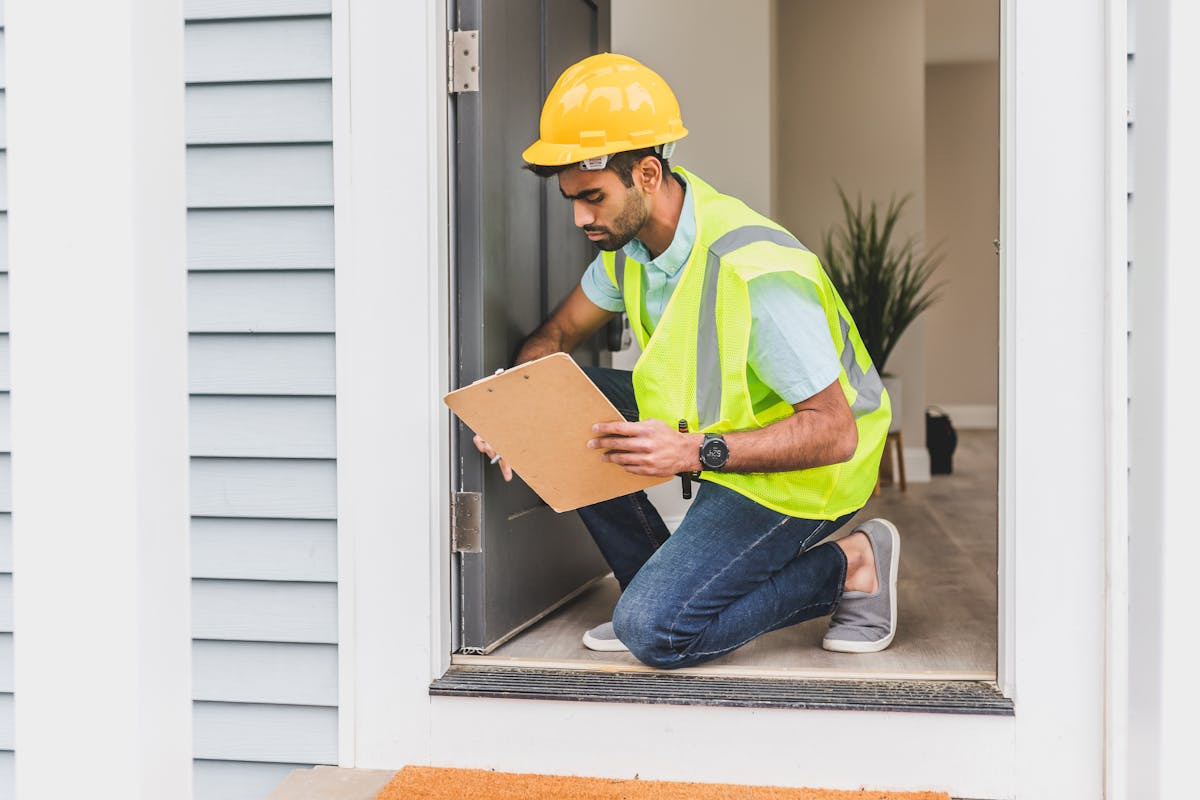 A home inspector wearing safety gear examines a house interior for safety compliance