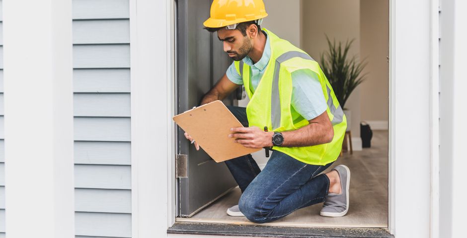 A technician in safety gear inspecting a house interior — structural and hidden problems need a professional