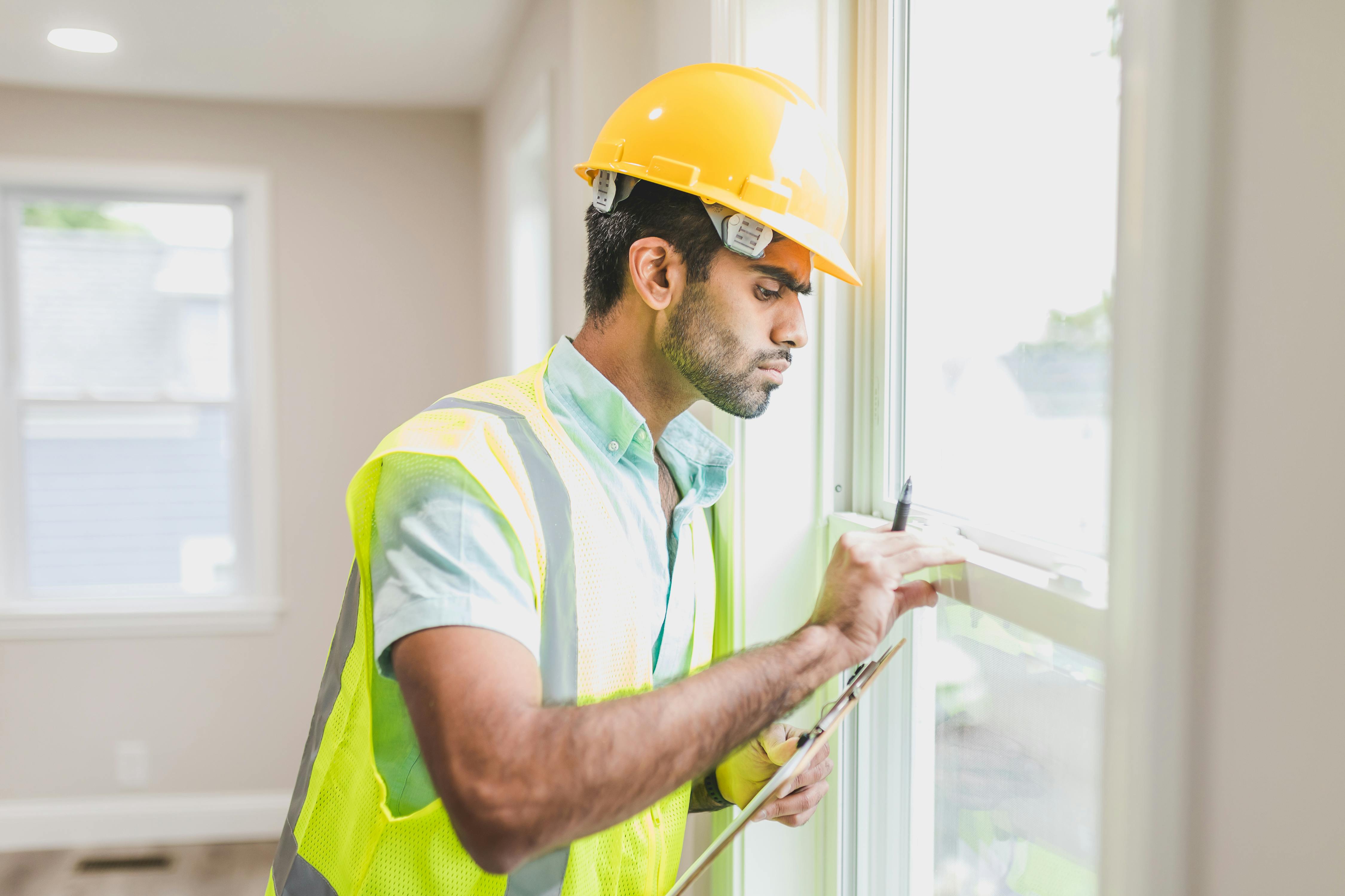 Free Construction Worker in Yellow Safety Vest and Helmet Checking Glass Window of a House Stock Photo
