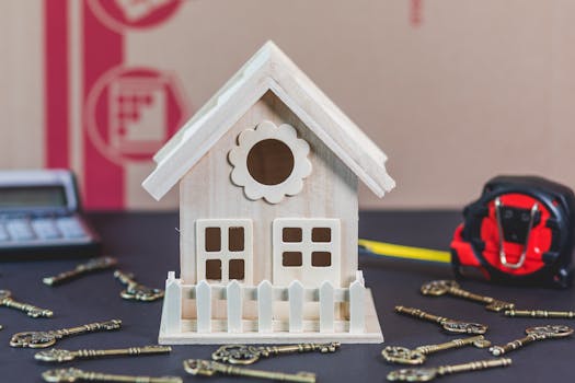 A charming wooden miniature house surrounded by antique-style keys, ideal for concepts of home ownership.