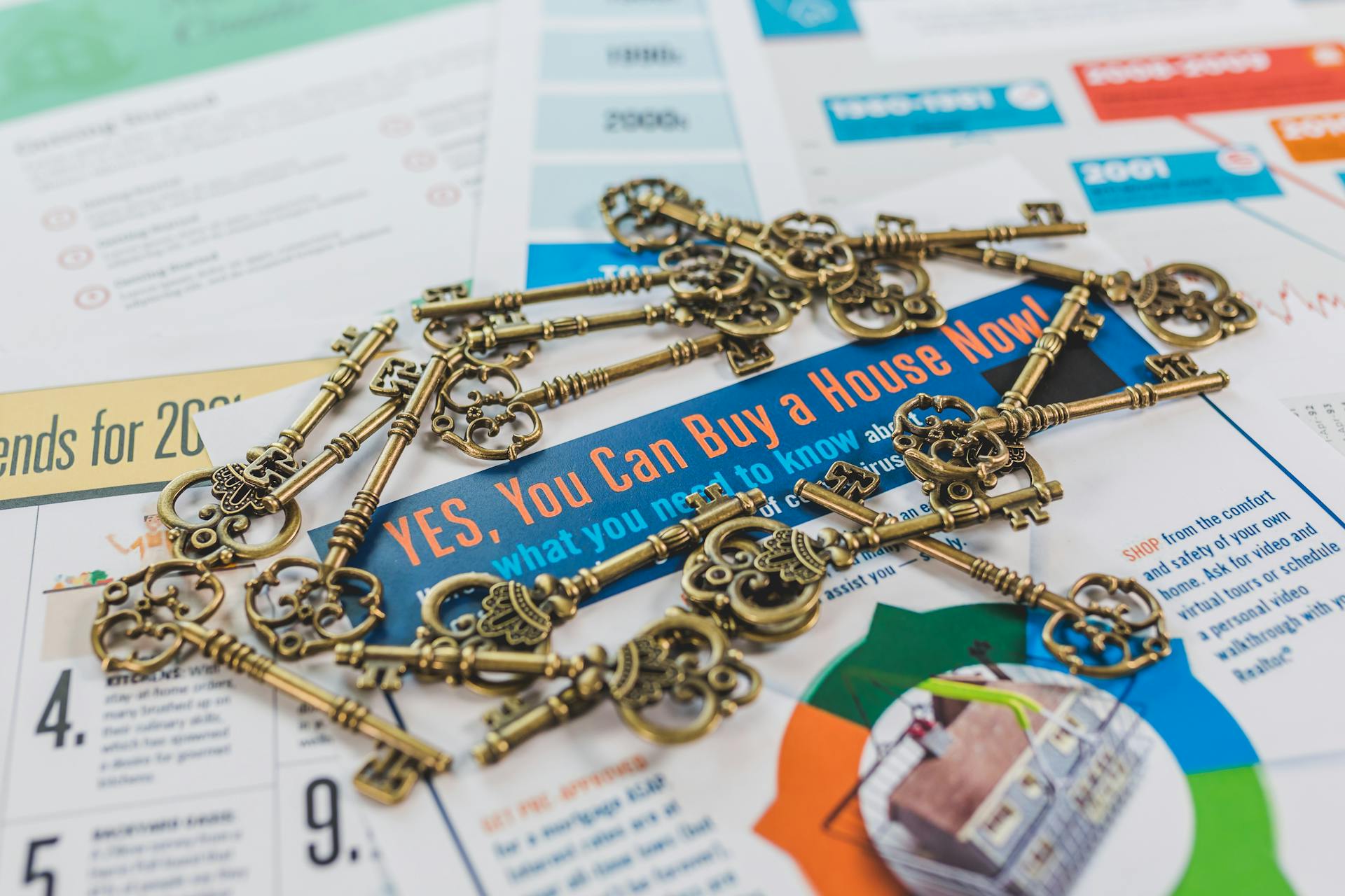 A collection of vintage keys placed on a real estate brochure advertising house buying.