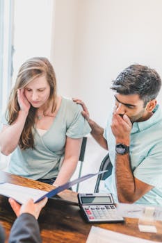 A young couple sits with a real estate agent, reviewing documents and looking concerned about buying a new home.
