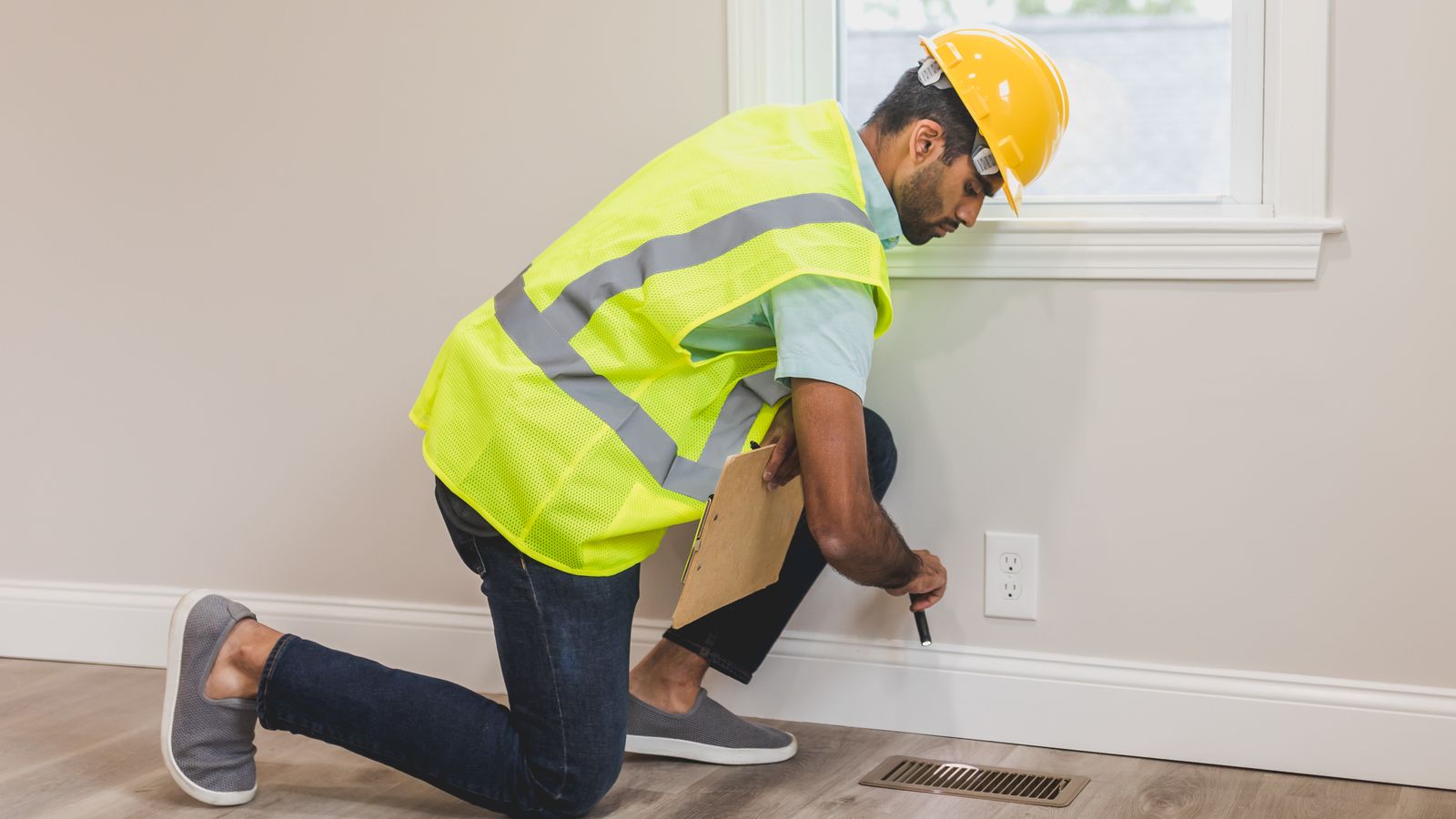 Construction worker conducting a home inspection indoors, using tools near a vent.