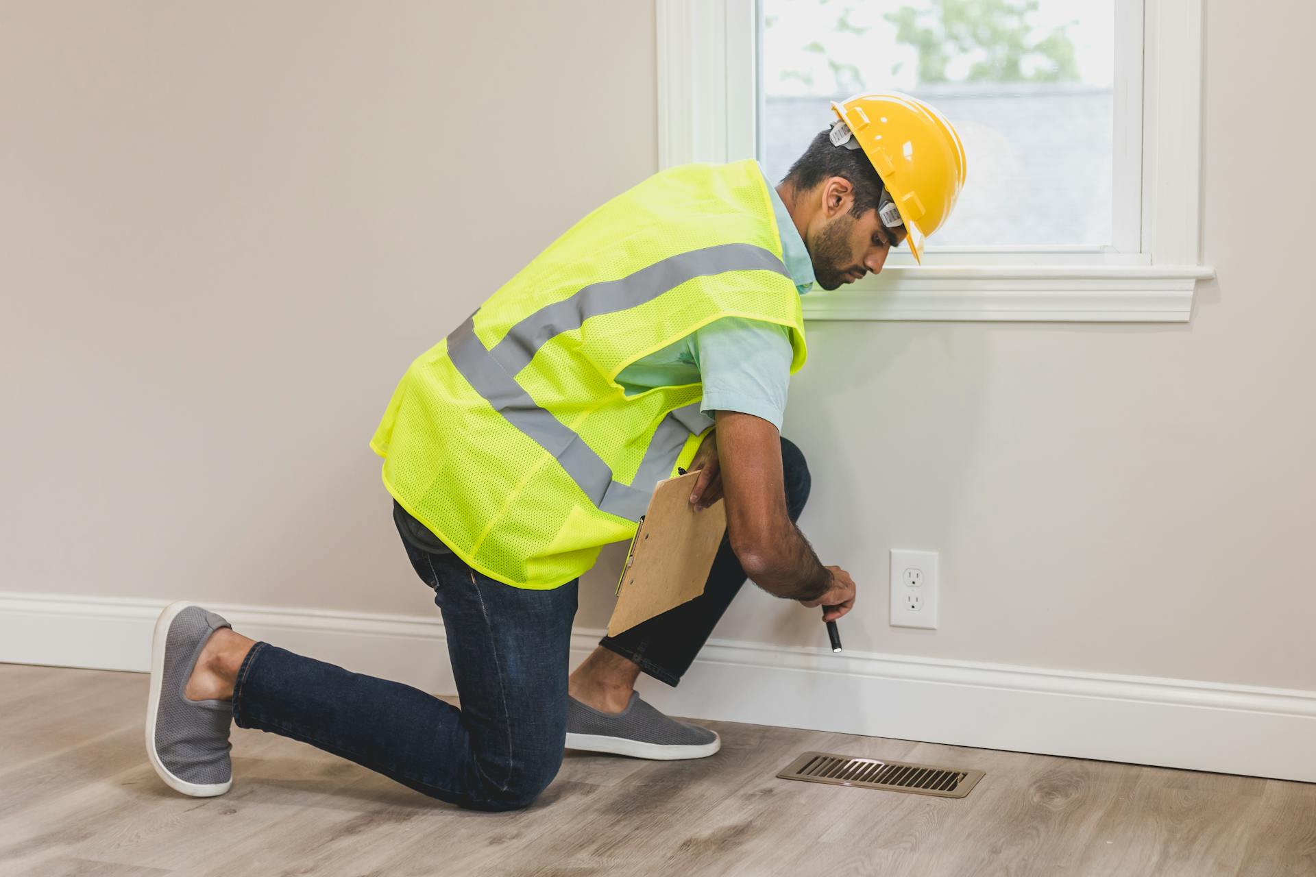 Construction worker conducting a home inspection indoors, using tools near a vent.