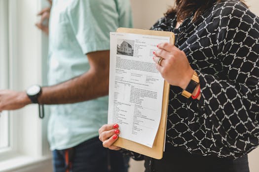 Real estate agent holding property documents on a clipboard in an office setting.