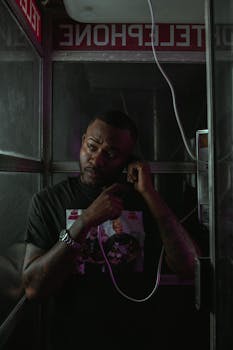 A contemplative man using a vintage phone booth, captured in moody lighting.