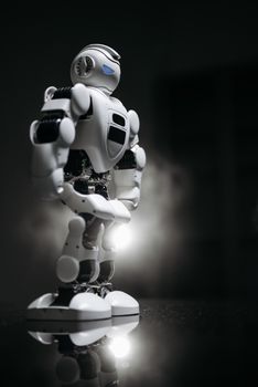 A sleek white robot standing on a reflective surface, exuding innovation and futurism.