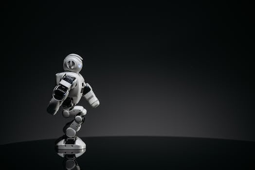 A sleek white toy robot poised elegantly against a dark studio backdrop.