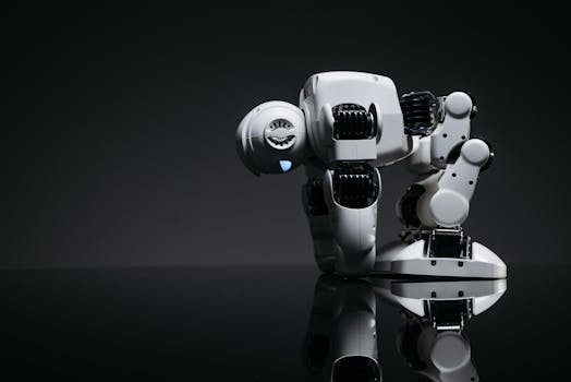 A modern robot toy depicted in a studio environment with its reflection visible on a dark surface.