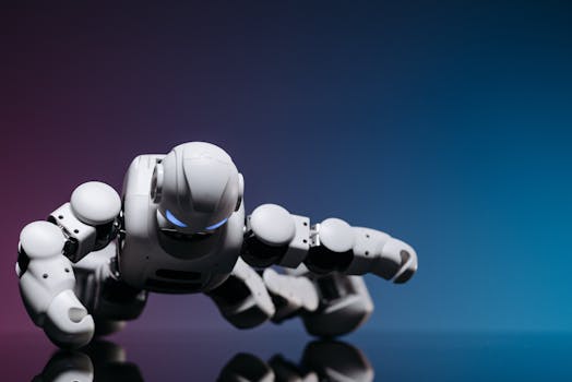 A close-up of a futuristic white robot performing a push-up on a glossy surface against a gradient backdrop.
