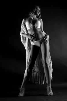 Artistic black and white portrait featuring a woman posing in elegant lingerie.