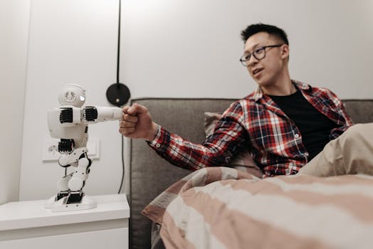 Asian man sitting on bed shaking hands with a robot in a modern bedroom.