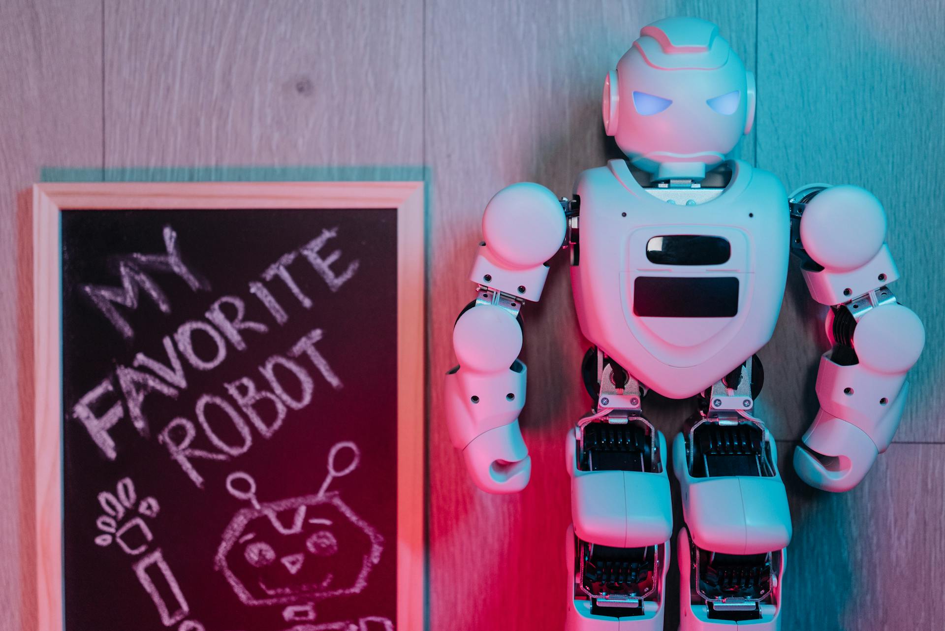 A futuristic toy robot standing beside a chalkboard on wooden flooring, highlighted by colored lighting.