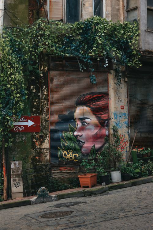 Free Vivid street art mural on a building facade surrounded by greenery in an urban setting. Stock Photo