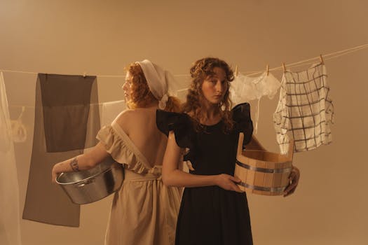 Two women in vintage dresses holding metal basins, with clothes hanging on a line in a rustic setting.