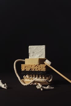 A stylish arrangement of sustainable bathroom products including soap, sponge, and bamboo toothbrush.
