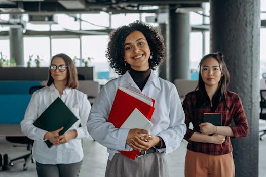 Three diverse businesswomen standing confidently with folders in a modern office space.