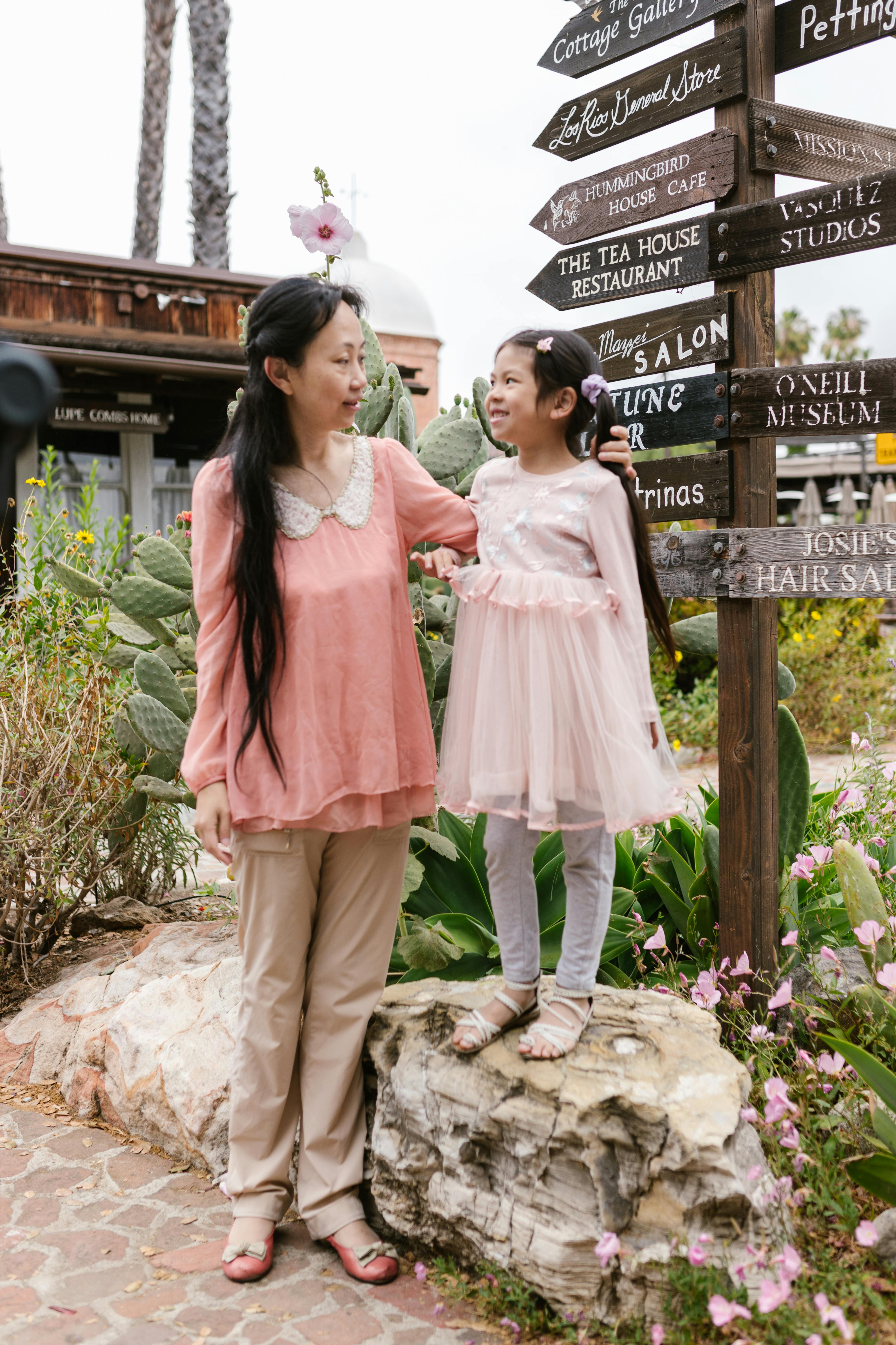 a mother and daughter standing besides a directory