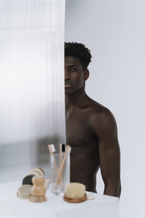 Free Man Behind a Shower Curtain Stock Photo