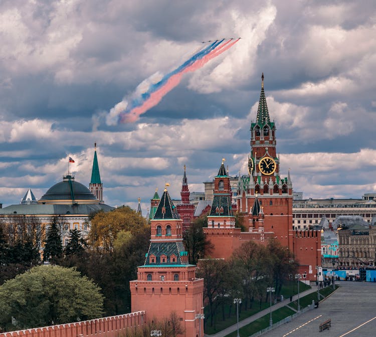 Planes Releasing Russian Flag Colours Over The Red Square In Moscow, Russia 