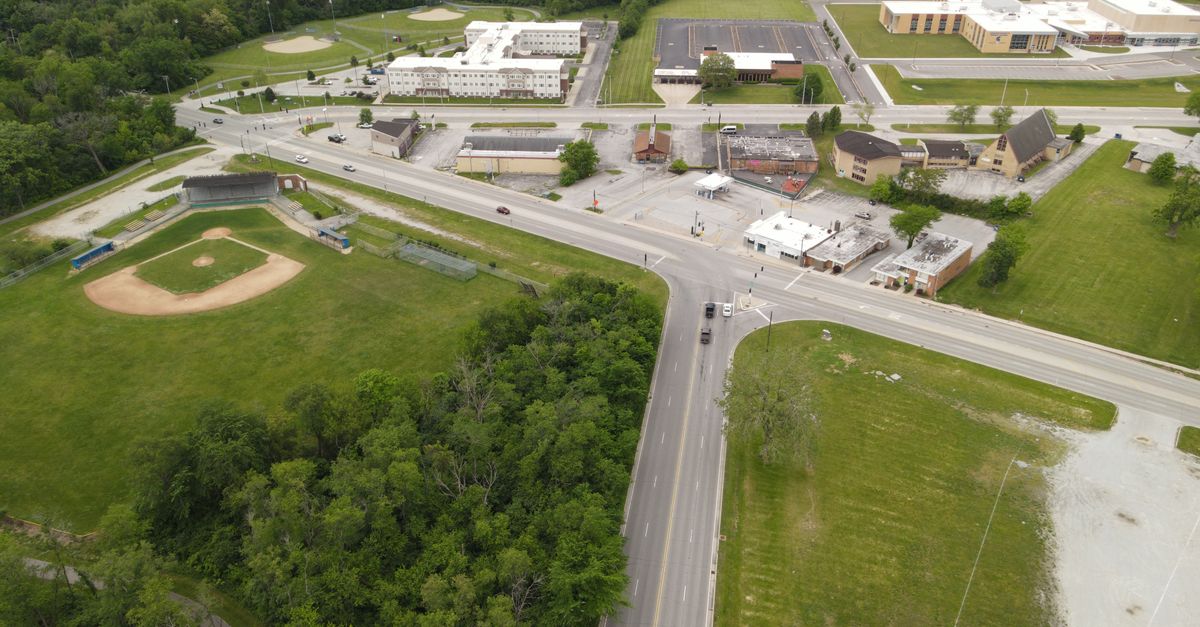 Aerial view of a road intersection, baseball field, and buildings in Chicago Heights, Illinois.