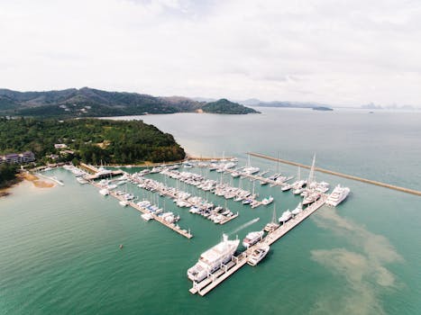 Discover a stunning aerial view of yachts docked in a serene tropical marina with lush landscapes.