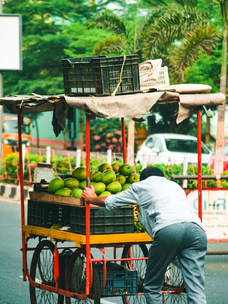 A Fruit Vendor Pushing His Wheel Cart