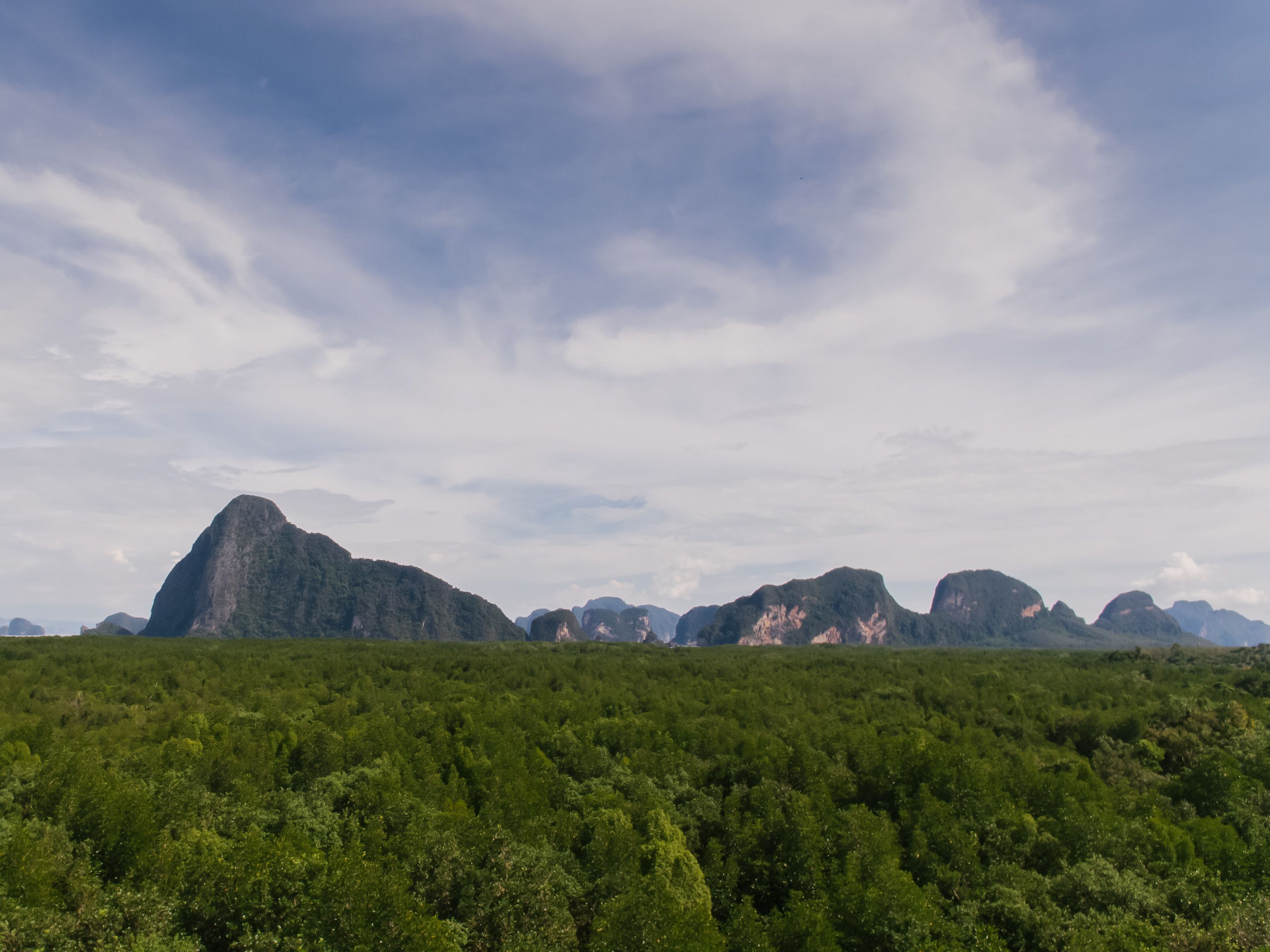 A scenic view of limestone mountains rising above a dense green forest under a cloudy sky.