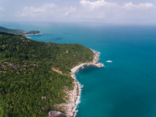 Free Serene aerial view showcasing lush greenery and turquoise coastal waters. Stock Photo