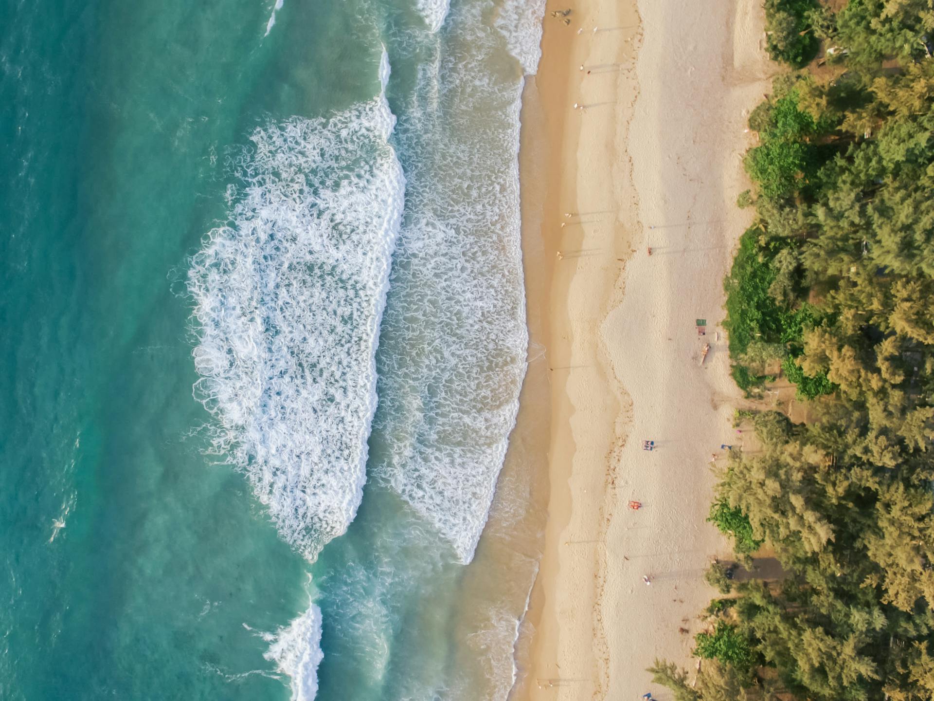 Stunning aerial shot of a beach meeting turquoise ocean waves, bordered by lush greenery.