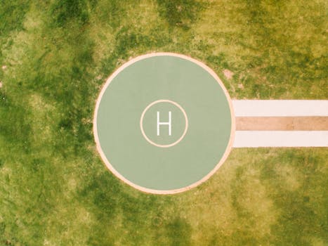 Top-down view of a helipad marked on a grassy field, perfect for aviation themes.