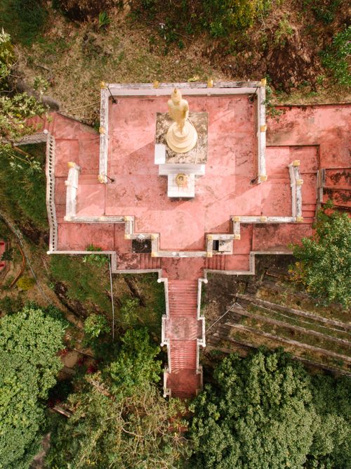 Free Drone shot of a Buddha statue surrounded by trees, showcasing religious serenity from above. Stock Photo
