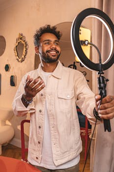 Smiling vlogger using a ring light in a cozy indoor setting.