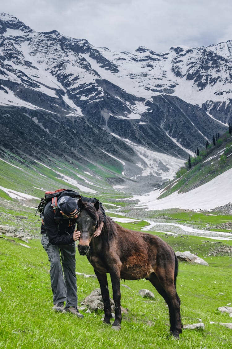 A Man Hugging The Horse 