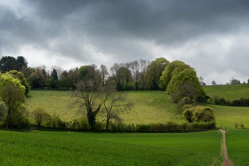 Free Tranquil rural scene with lush green fields and overcast skies in the United Kingdom. Stock Photo