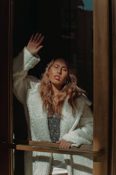 Stylish woman in white wool coat posing thoughtfully behind glass door.
