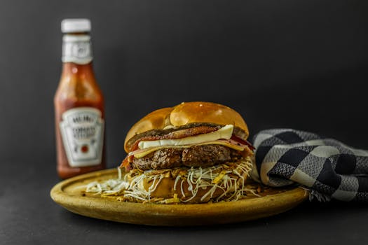 Mouth-watering gourmet burger with cheese and ketchup on wooden plate.