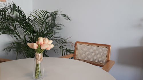 Foto profissional grátis de cadeira de madeira, dentro de casa, flores